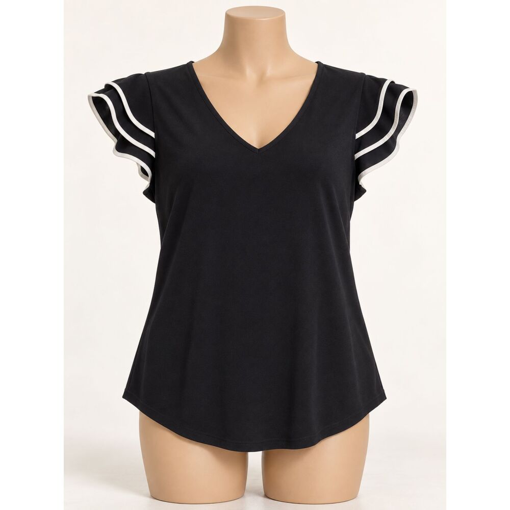 Adrianna Papell Black White Trim Flutter Sleeve V-Neck Blouse Women’s S